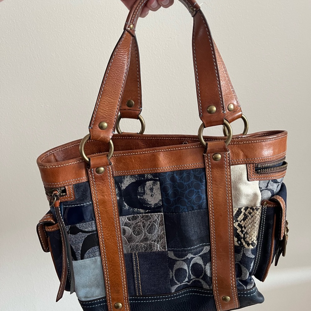 Coach Patchwork Tote in Denim and Brown Leather